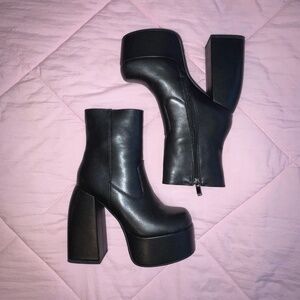 Black Platform Square Toe Chunky Heel Ankle Boots